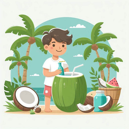 Cute boy with coconut drink on the beach. Vector illustration.のイラスト素材