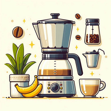 Coffee maker with coffee beans and bananas. Vector illustration.のイラスト素材