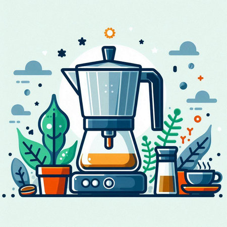 Coffee maker and coffee beans. Vector illustration in flat styleのイラスト素材