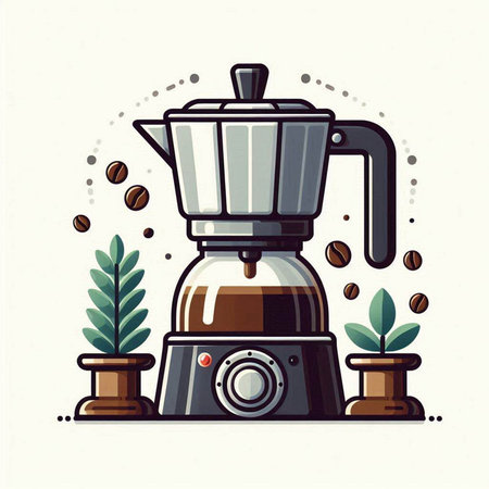 Coffee maker with coffee beans and plant. Vector illustration.のイラスト素材