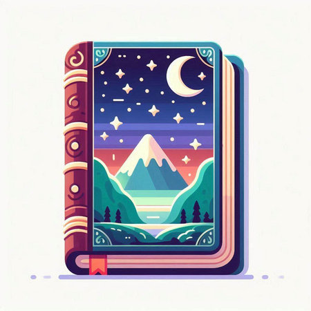 Vector illustration of magic book with mountains, river, moon and starsのイラスト素材