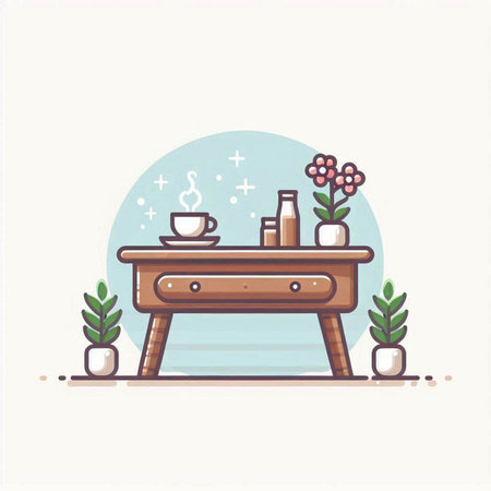 Wooden table with coffee cups and plants, flat vector illustration.のイラスト素材