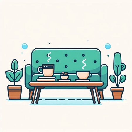 Sofa with coffee on the table. Vector illustration in line style.のイラスト素材