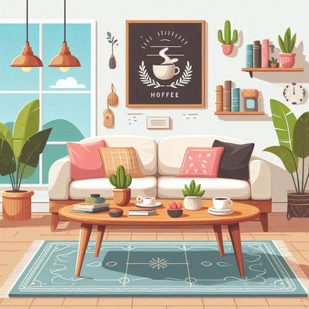Living room interior with sofa, coffee table, coffee cup, bookshelf and plants. Vector illustrationのイラスト素材