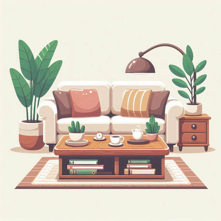 Living room interior with sofa, coffee table and plants. Vector illustrationのイラスト素材