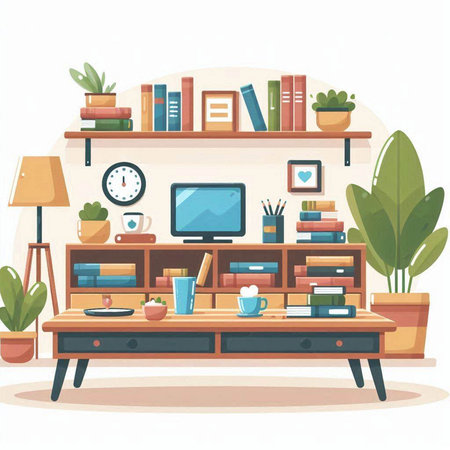 Vector illustration of a living room interior with bookshelf, coffee table, bookshelf, sofa, lamp and plants.のイラスト素材