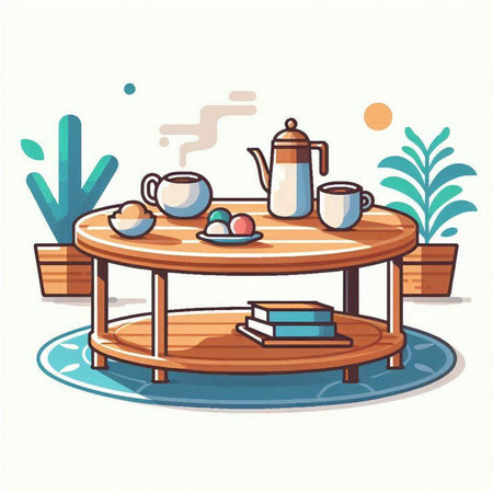 Coffee table with cup and teapot, vector illustrationのイラスト素材