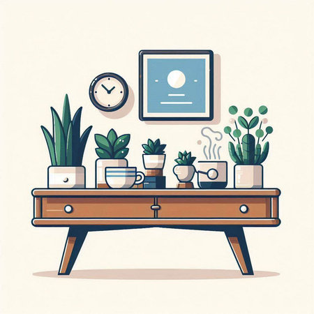 Coffee table with coffee cups and potted plants. Vector illustrationのイラスト素材