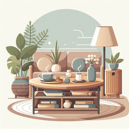Cozy living room interior with furniture and plants. Vector illustration.のイラスト素材