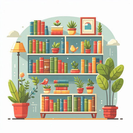 Bookshelf with books and plants. Flat style vector illustration.のイラスト素材