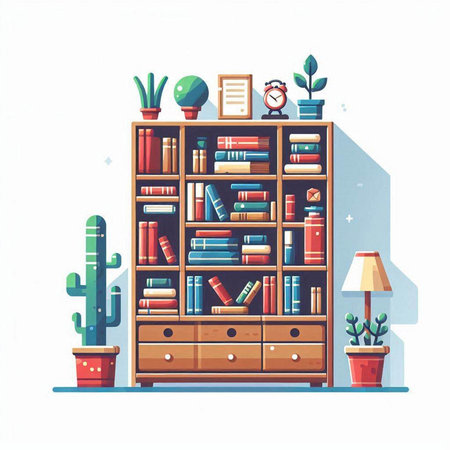Bookshelf with books and cacti. Vector illustration.のイラスト素材
