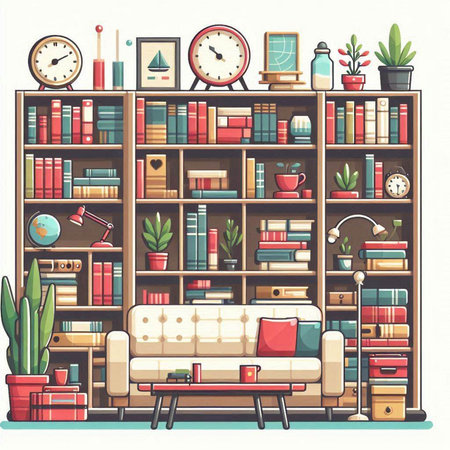 Interior of living room with bookshelf, sofa, coffee cup, clock and plants. Vector illustration.のイラスト素材