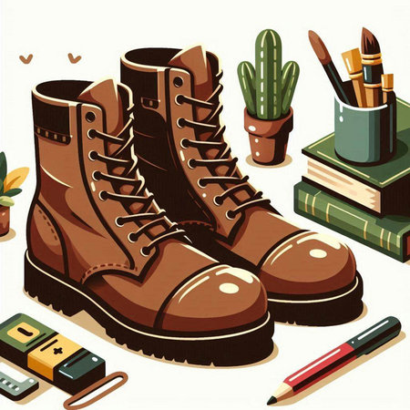 Vector illustration of a set of boots, books, pencils and cactusのイラスト素材
