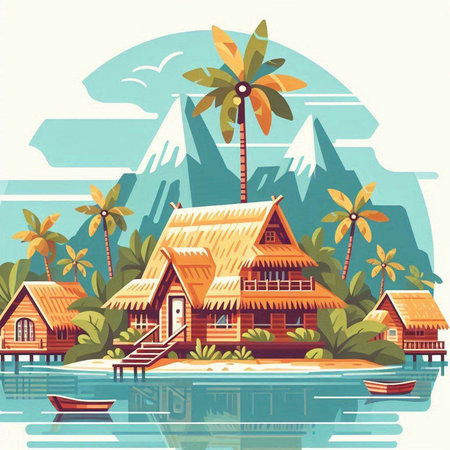 Wooden bungalows on a tropical island. Vector illustration.のイラスト素材