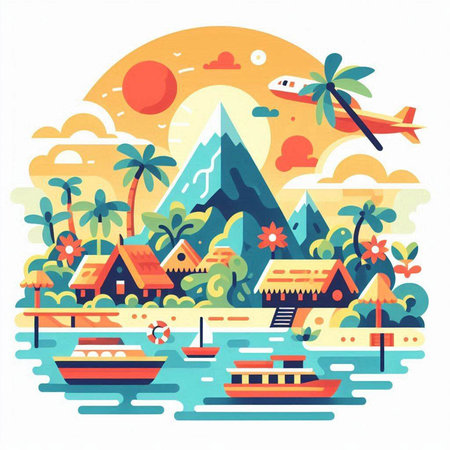Vector illustration of tropical islands in flat style. Landscape with palm trees, mountains, boats, bungalows and ships.のイラスト素材