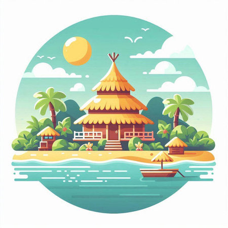 Tropical island with bungalows and palm trees. Vector illustrationのイラスト素材