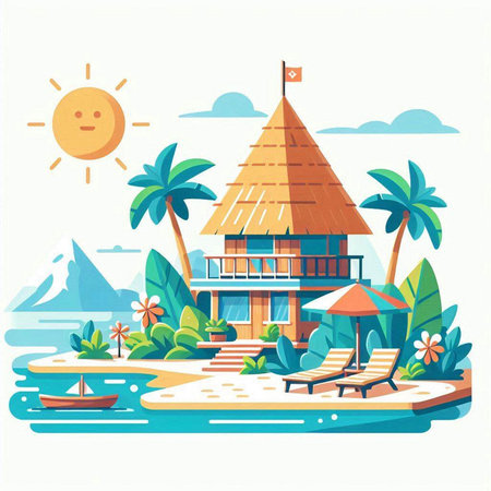 Tropical beach and bungalow. Vector illustration in flat styleのイラスト素材
