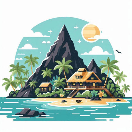 Beautiful island with palm trees and mountains. Vector illustration in flat style.のイラスト素材