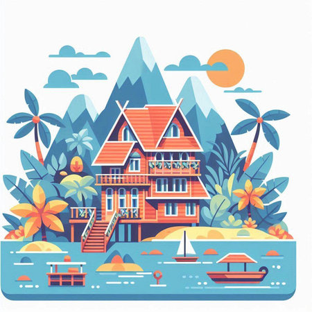 House on the island with palm trees. Vector illustration in flat styleのイラスト素材