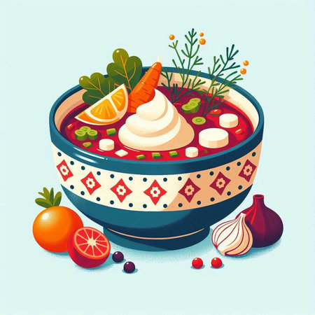 vector illustration of a bowl of borscht with vegetables and spicesのイラスト素材