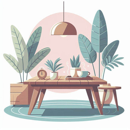 Wooden table with cup of coffee and plant. Flat vector illustration.のイラスト素材