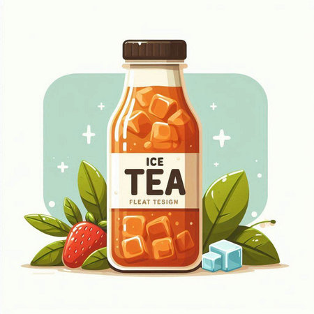 Bottle of tea with ice cubes and strawberries. Vector illustration.のイラスト素材