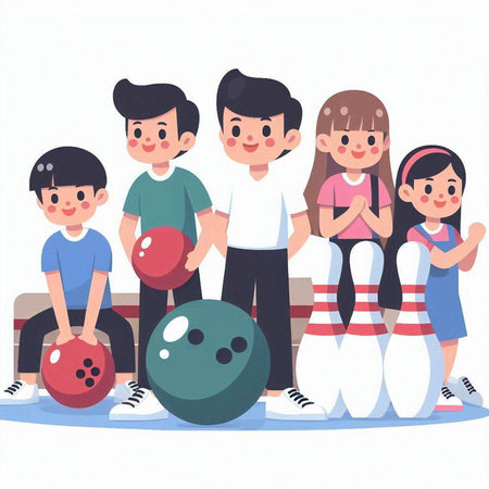 Happy family playing bowling. Cute kids with bowling ball. Vector illustration.のイラスト素材