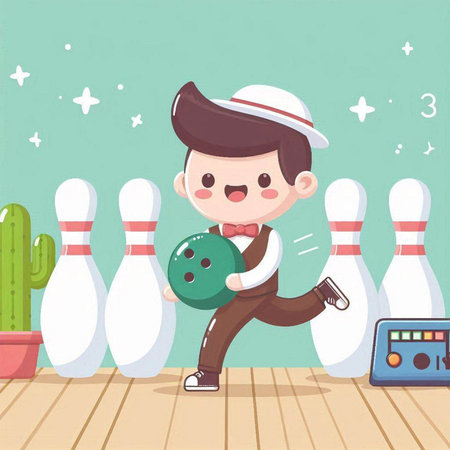 cute boy playing bowling with pin and bowling ball vector illustration designのイラスト素材