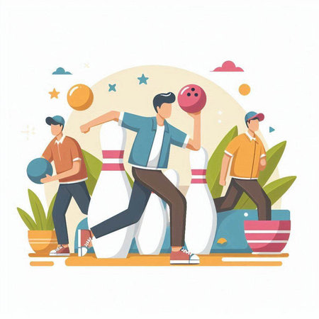 People playing bowling flat vector illustration. Teamwork and leisure concept.のイラスト素材