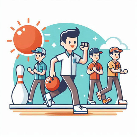 Vector illustration of a man playing bowling with friends. Flat style.のイラスト素材