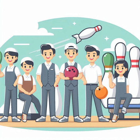People playing bowling. Cartoon vector illustration of people playing bowling together.のイラスト素材