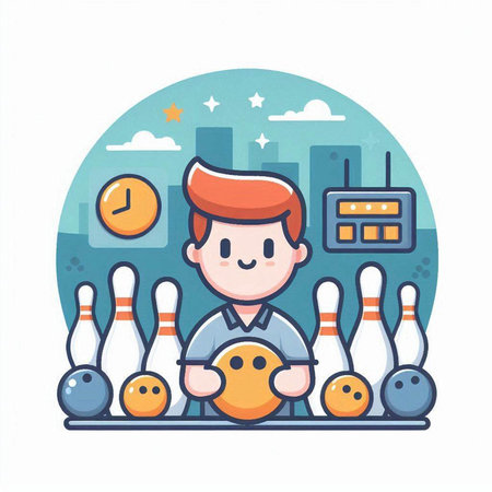 Vector illustration of a man playing bowling in the city. Flat style.のイラスト素材