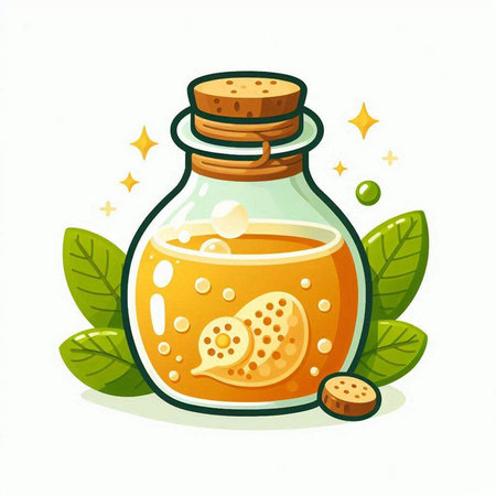 Honey in a glass jar with green leaves. Vector illustration.のイラスト素材