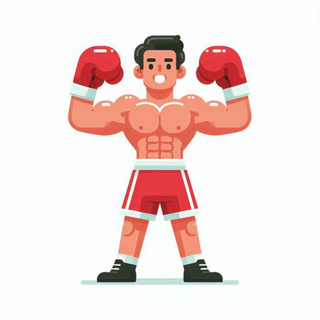 Boxer in red shorts and gloves. Vector illustration in cartoon styleのイラスト素材