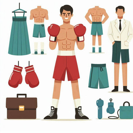 Boxing set. Vector illustration in flat cartoon style isolated on white background.のイラスト素材