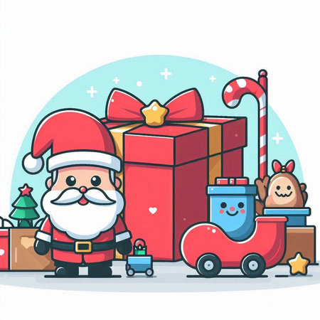 Santa Claus with gift box and toy car. Vector cartoon illustration.のイラスト素材