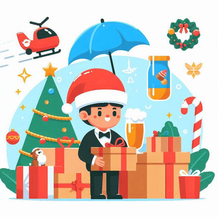 Christmas and New Year vector illustration. Boy in santa hat with gift boxes, umbrella, Christmas tree, gifts and toys.のイラスト素材