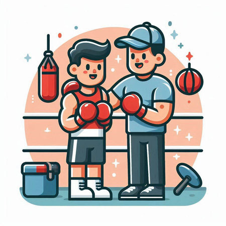 Cartoon vector illustration of a little boy and his father boxing togetherのイラスト素材