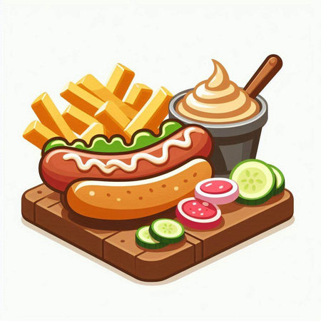 Fast food vector illustration with hot dog, french fries and sauce.のイラスト素材