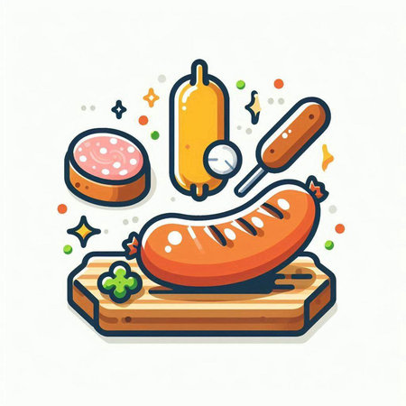 Sausage icon. Vector illustration of a sausage with vegetables.のイラスト素材