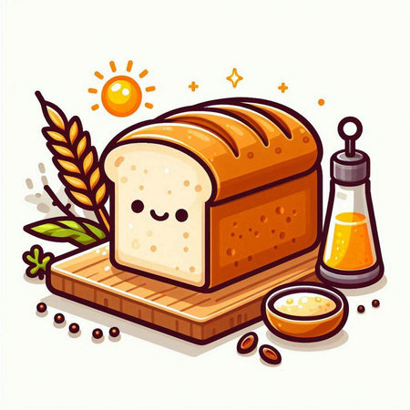 Cartoon illustration of bread with kawaii face on white backgroundのイラスト素材