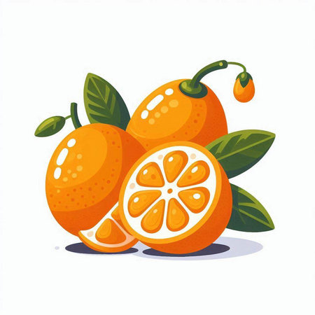 Orange fruit with leaves isolated on white background. Vector flat illustration.のイラスト素材