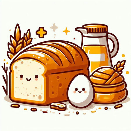 Illustration of a Cute Cartoon Bread with Wheat, Milk and Eggsのイラスト素材