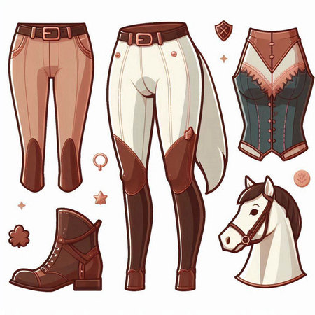 Vector set of women's clothing and accessories for riding a horse.のイラスト素材