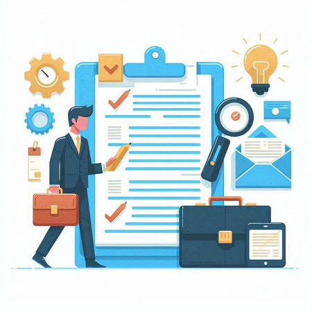 Businessman with briefcase and document. Flat style vector illustration.のイラスト素材