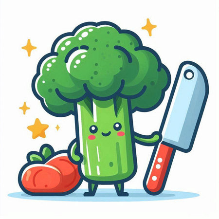 Cute broccoli character with knife and tomato. Vector cartoon illustration.のイラスト素材