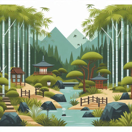 Japanese landscape with bamboo forest, pond and pagoda. Vector illustrationのイラスト素材
