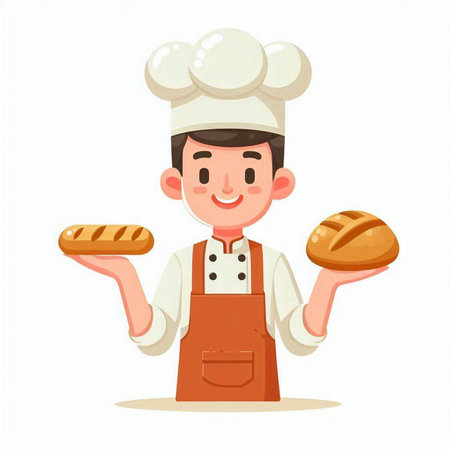 Chef holding bread and rolls. Vector illustration in cartoon style.のイラスト素材