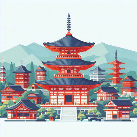 Pagoda on the background of the mountains. Vector illustration.のイラスト素材