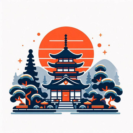 Vector illustration of japanese temple in flat style on white background.のイラスト素材